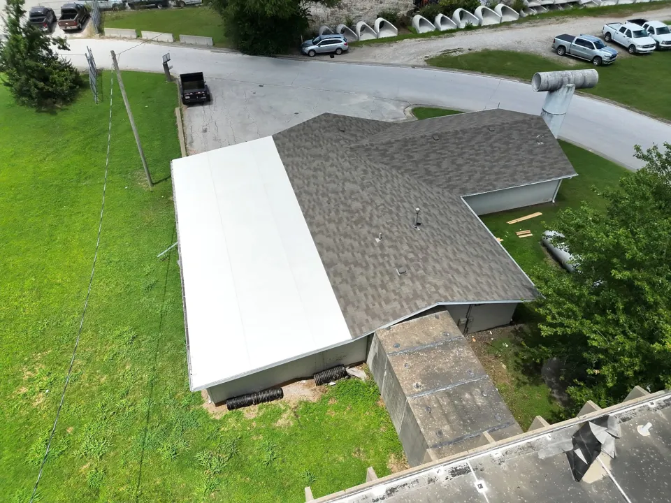 An overhead view of the office and covered outdoor area.